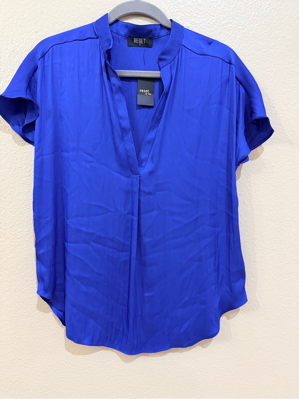 RESET by Jane Ezra Satin V-Neck Blouse Cobalt Blue S NWT
